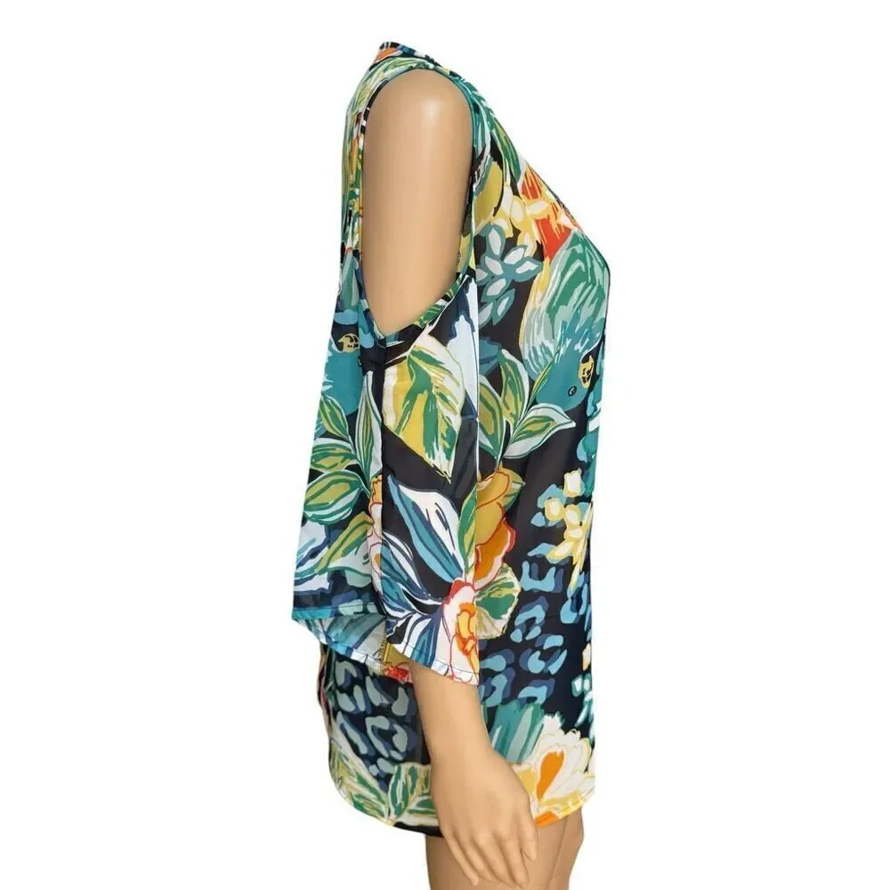 Melissa Paige Tropical Beaded Cold Shoulder Tunic blouse womens Toucan Bird Sz M